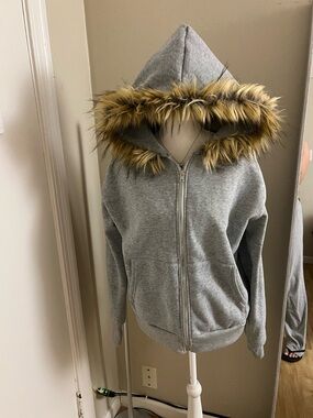 Gray Zip-Up Hoodie with Faux Fur Trim